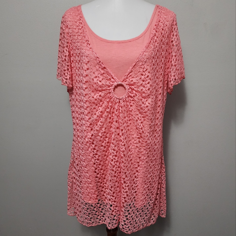 Cal Style Coral Netted Overlay Tunic Top Size XL